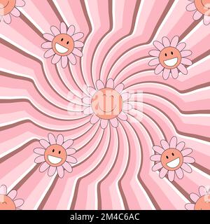 Groovy Muster mit Vektor für 70s-Gänseblümchen und 60s-lsd-Elemente. Psychedelischer, knisternder Blumenhintergrund mit kamillenlächelnden Gesichtern. Stock Vektor