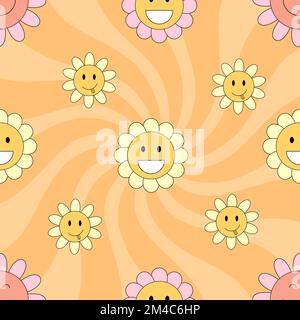 Groovy Muster mit Vektor für 70s-Gänseblümchen und 60s-lsd-Elemente. Psychedelischer, knisternder Blumenhintergrund mit kamillenlächelnden Gesichtern. Stock Vektor
