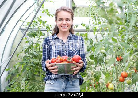 Junge Erwachsene Frau, die in der Hand ein großes Gericht voller roter reifer Tomaten hält. Stockfoto