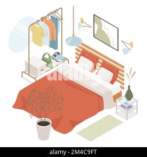 Schlafzimmerdesign - Moderne, farbenfrohe isometrische Darstellung Stock Vektor