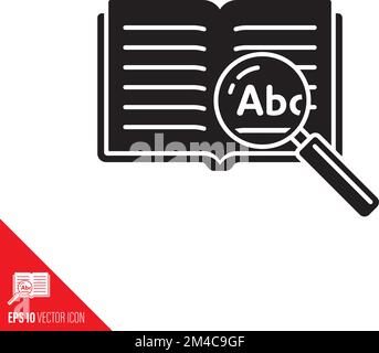 Thesaurus oder Enzyklopädie mit Lupenvektor-Glyphe-Symbol. Symbol für Wissen, Lernen und Bildung. Stock Vektor