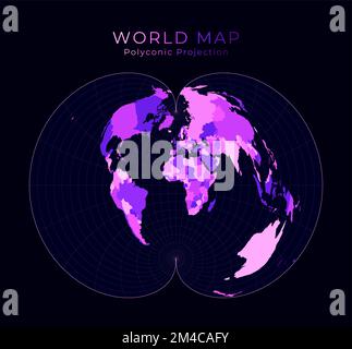 Weltkarte. Amerikanische polykonische Projektion. Illustration der digitalen Welt. Leuchtend pinkfarbene Neonfarben auf dunklem Hintergrund. Leistungsstarke Vektordarstellung. Stock Vektor