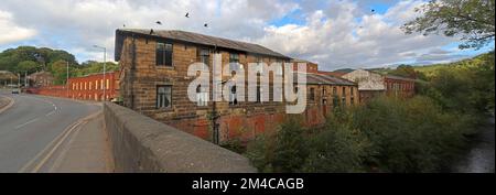 River Goyt Mills in Andrew Street, Compstall, Marple, Stockport, Cheshire, ENGLAND, GROSSBRITANNIEN, SK6 5HW Stockfoto
