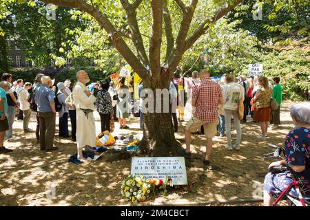 Die Menschen versammeln sich in der Nähe des Kirschbaums, der zum Gedenken an die Opfer von Hiroshima während einer Gedenkveranstaltung im Zentrum von London gepflanzt wurde. Stockfoto