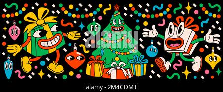 Frohe Weihnachten und ein frohes Neujahrspaket mit trendigen Retro-Cartoon-Figuren. Tolle Hippie-Weihnachtsaufkleber mit Weihnachtsbaum, Geschenken und Winter Stock Vektor