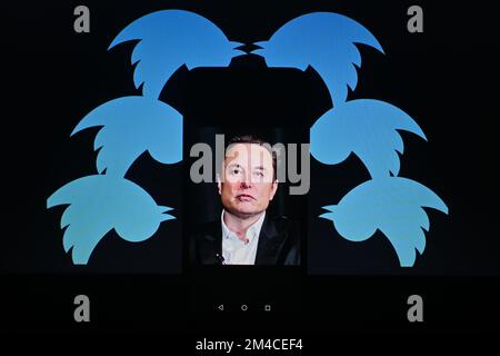 20. Dezember 2022, Cours la Ville, Auvergne Rhone Alpes, Frankreich: Elon Musk, Der CEO von Twitter ist mit dem Logo des sozialen Netzwerks zu sehen. Cours-la-Ville, 20. Dezember 2022. (Kreditbild: © Adrien Fillon/ZUMA Press Wire) Stockfoto