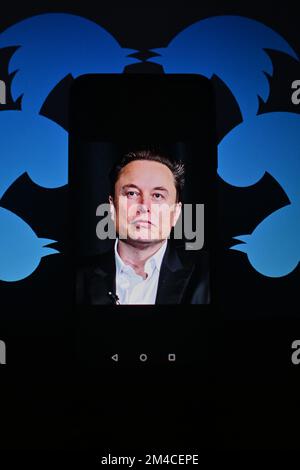 20. Dezember 2022, Cours la Ville, Auvergne Rhone Alpes, Frankreich: Elon Musk, Der CEO von Twitter ist mit dem Logo des sozialen Netzwerks zu sehen. Cours-la-Ville, 20. Dezember 2022. (Kreditbild: © Adrien Fillon/ZUMA Press Wire) Stockfoto