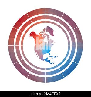 Nordamerikanisches Abzeichen. Leuchtendes, verlaufendes Logo von Continent in niedriger Poly-Optik. Mehrfarbiges abgerundetes nordamerikanisches Schild mit Karte im geometrischen Stil für Ihren Stock Vektor