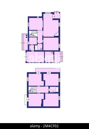 Grundriss zeichnen. 2D. Grundriss. Schwarz-weißer Grundriss. Haus mit Inneneinrichtung, Grundriss, Blaupausen und farbigen Wänden auf weißem Hintergrund. Stockfoto