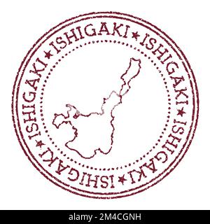 Runde Ishigaki-Gummimarke mit Inselkarte. Vintage-roter Passstempel mit kreisförmigem Text und Sternen, Vektorgrafik. Stock Vektor