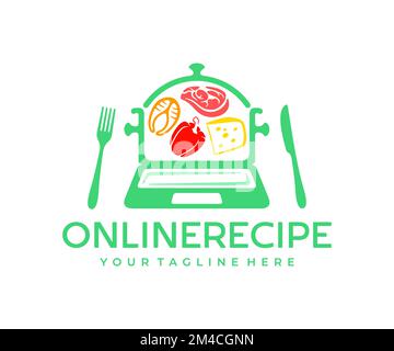 Laptop, Pfanne mit Steak, Fisch, Käse und Paprika, Gabel und Messer, Logo-Design. Essen, Essen, Kochtopf, Fleisch und Gemüse, Kochen und Rezept Stock Vektor