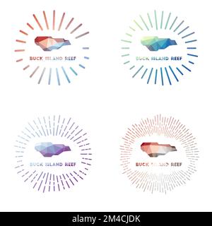 Buck Island Reef, Sonnenaufgang mit niedrigem Poly-Effekt. Logo der Insel im geometrischen Polygonstil. Vektordarstellung. Stock Vektor