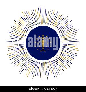 Indiana-Schild. US-Bundesflagge mit bunten Strahlen. Strahlender Sonnenaufgang mit Indiana-Flagge. Vektorabbildung. Stock Vektor