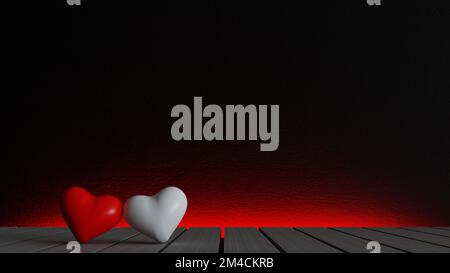 Rot und weiß zwei Herzen auf Holztisch 3D, Hintergrunddesign, Bannerkonzept für Illustration am valentinstag 3D, leerer Raum Stockfoto