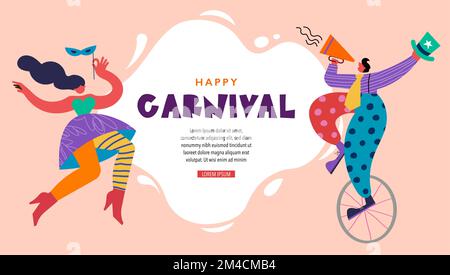 Happy Carnival, Festival and Circus Event Design mit lustigen knochenlosen Künstlern, Tänzern, Musikern und Clowns. Street Art, Carnival Concept Design Stock Vektor