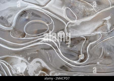 Eismuster am Rand eines Biberteichs, Greater Sudbury, Ontario, Kanada Stockfoto