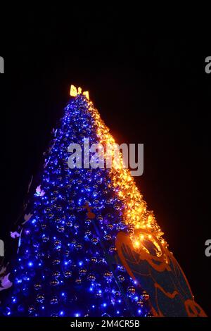 KIEW, UKRAINE - 19. DEZEMBER 2022 - der „Weihnachtsbaum der Unbesiegbarkeit“ des wichtigsten Landes erleuchtet mit Weihnachtsbeleuchtung auf dem Platz Sofiyska, Kiew, Hauptstadt der Ukraine. Stockfoto