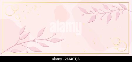 Elegante, zarte rosafarbene Tapete mit handgezogenen Ästen und Gold in einem Rahmen. Strukturierter Hintergrund. Geeignet, um die Datumskarten zu retten, invita Stock Vektor