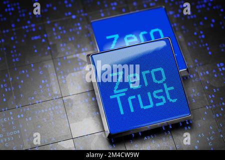 Beschriftung Zero Trust auf einem monochromen LCD-Display. Netzwerkverbindungskonzept auf kubischem Hintergrund. Zero Trust-Sicherheitsmodell. Sicheres Netzwerk. 3D RE Stockfoto