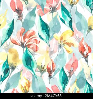 Einfache Blüten und Blätter in der alla-Prima-Technik. In Korallen, Gelb und Türkis. Aquarelldarstellung. Nahtloses Muster auf Weiß Stockfoto
