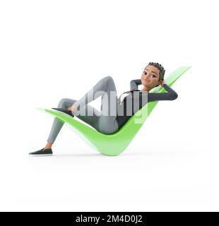 frau mit 3D Zeichen, die auf einem Häkchen liegt, Abbildung isoliert auf weißem Hintergrund Stockfoto
