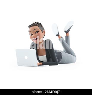 frau mit 3D Zeichen, die am Laptop arbeitet und auf dem Boden liegt, Illustration isoliert auf weißem Hintergrund Stockfoto
