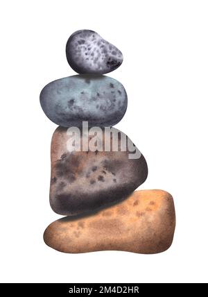 Ein Turm aus Steinen in Aquarell, isoliert auf weißem Hintergrund. Für Postkarten, Einladungen, Protokolle, Spa-Menü Stockfoto
