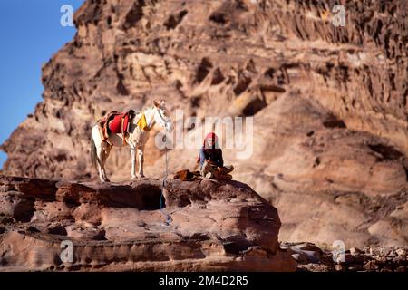 Petra, Jordanien - 3. November 2022: Beduinenmann und Esel in der antiken Stadt, UNESCO-Weltkulturerbe Stockfoto