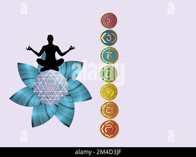 Chakra-Symbole und heilige Geometriesymbole isoliert auf farbigem Hintergrund mit Kopierbereich für die Konstruktion Stockfoto