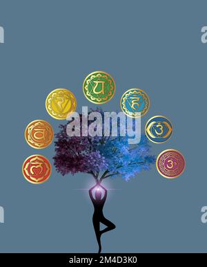 Chakra-Symbole und heilige Geometriesymbole isoliert auf farbigem Hintergrund mit Kopierbereich für die Konstruktion Stockfoto