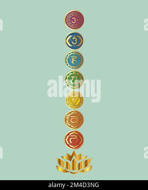 Chakra-Symbole und heilige Geometriesymbole isoliert auf farbigem Hintergrund mit Kopierbereich für die Konstruktion Stockfoto