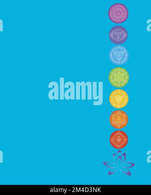 Chakra-Symbole und heilige Geometriesymbole isoliert auf farbigem Hintergrund mit Kopierbereich für die Konstruktion Stockfoto