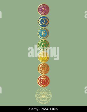 Chakra-Symbole und heilige Geometriesymbole isoliert auf farbigem Hintergrund mit Kopierbereich für die Konstruktion Stockfoto