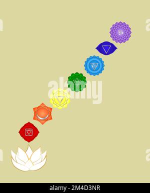 Chakra-Symbole und heilige Geometriesymbole isoliert auf farbigem Hintergrund mit Kopierbereich für die Konstruktion Stockfoto