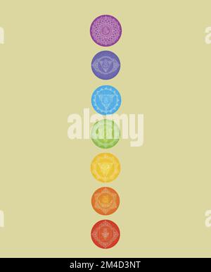 Chakra-Symbole und heilige Geometriesymbole isoliert auf farbigem Hintergrund mit Kopierbereich für die Konstruktion Stockfoto