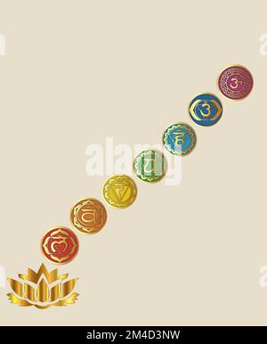 Chakra-Symbole und heilige Geometriesymbole isoliert auf farbigem Hintergrund mit Kopierbereich für die Konstruktion Stockfoto