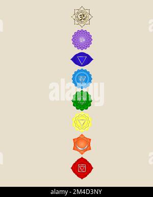 Chakra-Symbole und heilige Geometriesymbole isoliert auf farbigem Hintergrund mit Kopierbereich für die Konstruktion Stockfoto