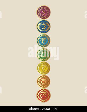 Chakra-Symbole und heilige Geometriesymbole isoliert auf farbigem Hintergrund mit Kopierbereich für die Konstruktion Stockfoto