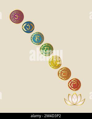 Chakra-Symbole und heilige Geometriesymbole isoliert auf farbigem Hintergrund mit Kopierbereich für die Konstruktion Stockfoto