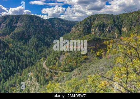 Die Arizona State Route 89A, südlich von Flagstaff, führt durch den Oak Creek Canyon in Richtung Sedona, Arizona. Stockfoto