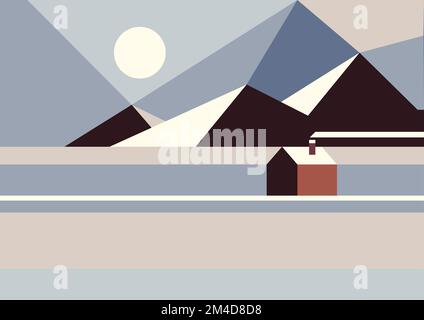 Vektordarstellung eines Hauses vor dem Hintergrund von Bergen im Mosaikstil in Retro-Farben. Minimalistischer Style. Winterlandschaft Stock Vektor