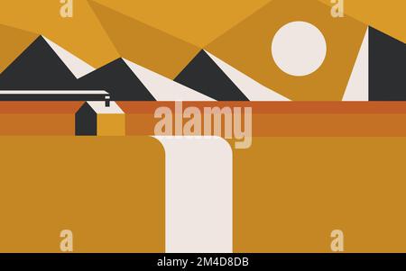 Vektordarstellung eines Hauses neben einem Wasserfall im Hintergrund von Bergen. Im Herbst. Minimalistischer Style Stock Vektor