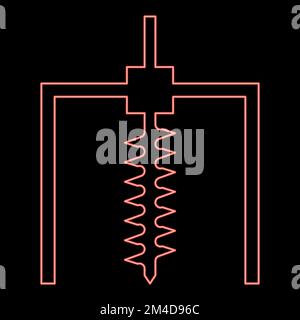 Neon Bohrwagen Bohrung für Ground Grubenindustrie geologisches Bohrkonzept Schneckensymbol schwarz Vektor Illustration flache Ausführung einfaches Bild rot Stock Vektor