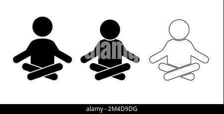 Entspannung, Meditation Yoga-Symbol oder Symbol. Stickman, Strichmännchen sitzen mit überkreuzten Beinen und Fitness-Workout. lotus-Position-Silhouette. Leute Medizin Stockfoto