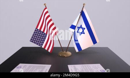 Israel und die USA am Verhandlungstisch. 3D-Illustration aus Wirtschaft und Politik. Nationalflaggen, Diplomatie-Deal. Internationales Abkommen. Stockfoto