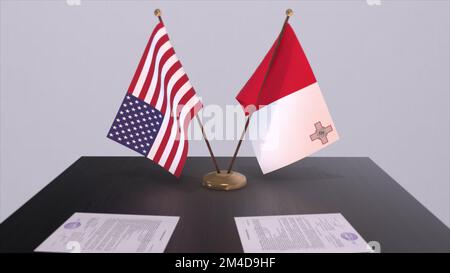 Malta und die USA am Verhandlungstisch. 3D-Illustration aus Wirtschaft und Politik. Nationalflaggen, Diplomatie-Deal. Internationales Abkommen. Stockfoto