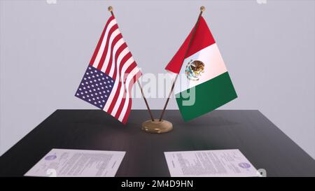Mexiko und USA am Verhandlungstisch. 3D-Illustration aus Wirtschaft und Politik. Nationalflaggen, Diplomatie-Deal. Internationales Abkommen. Stockfoto