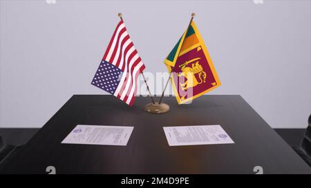 Sri Lanka und die USA am Verhandlungstisch. 3D-Illustration aus Wirtschaft und Politik. Nationalflaggen, Diplomatie-Deal. Internationales Abkommen. Stockfoto