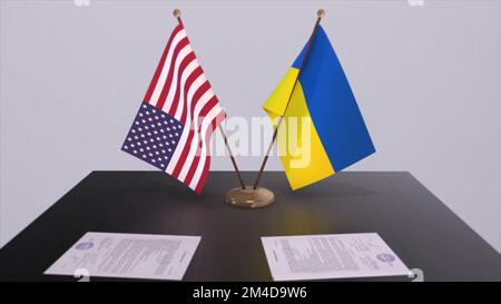 Ukraine und USA am Verhandlungstisch. 3D-Illustration aus Wirtschaft und Politik. Nationalflaggen, Diplomatie-Deal. Internationales Abkommen. Stockfoto