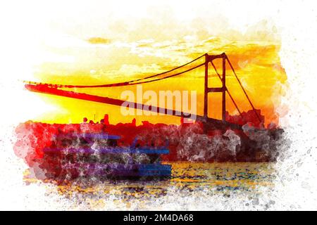 Aquarell-Kunst das Boot, das bei Sonnenuntergang durch den Bosporus fährt, Stockfoto